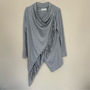 Trendy Gray Cowl Neck Sweater with Fringe
